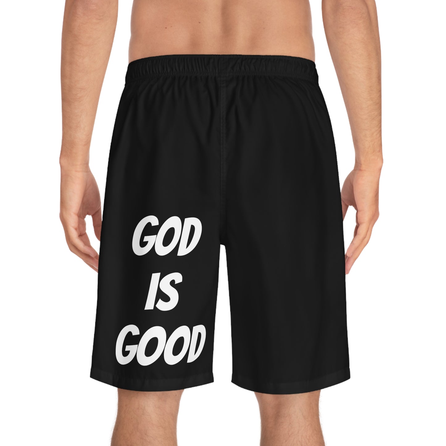Men's Board Shorts (AOP) - GOOD MORNING JESUS - BLACK