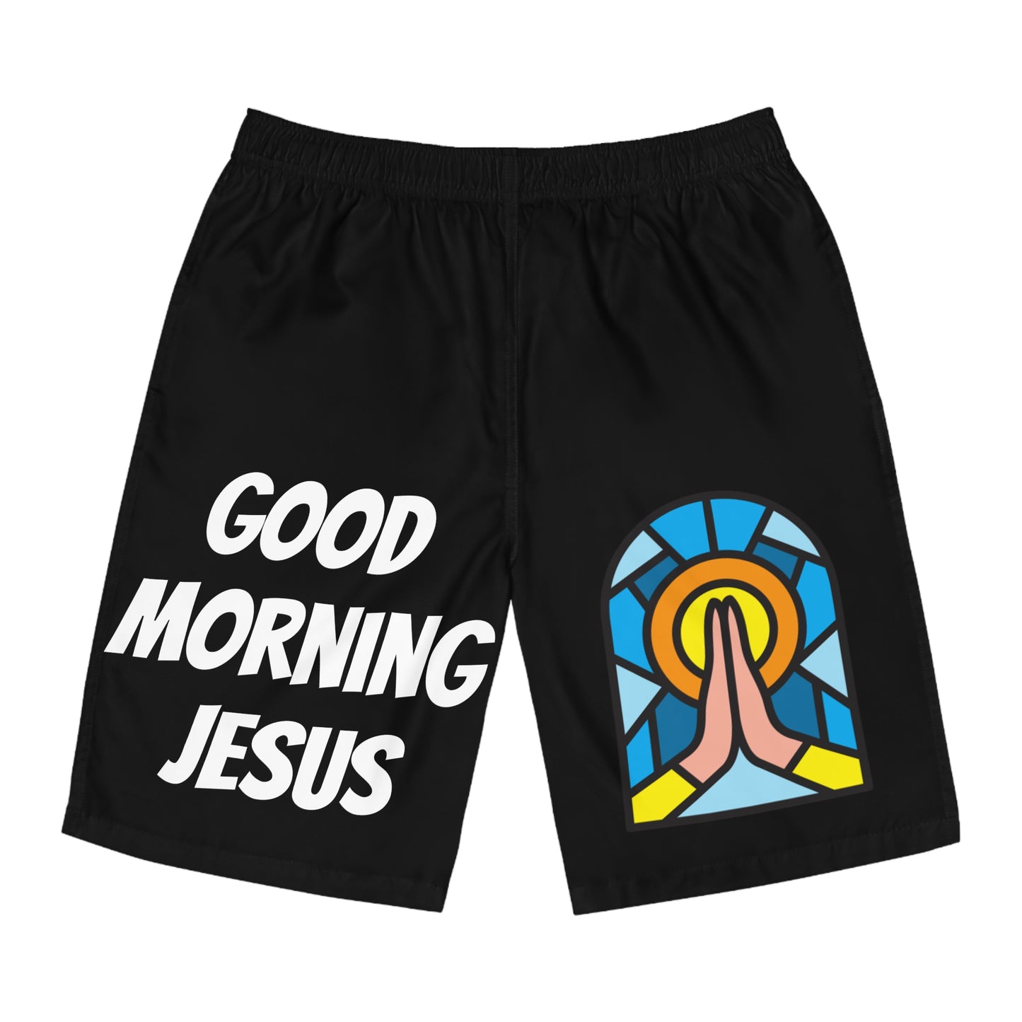 Men's Board Shorts (AOP) - GOOD MORNING JESUS - BLACK