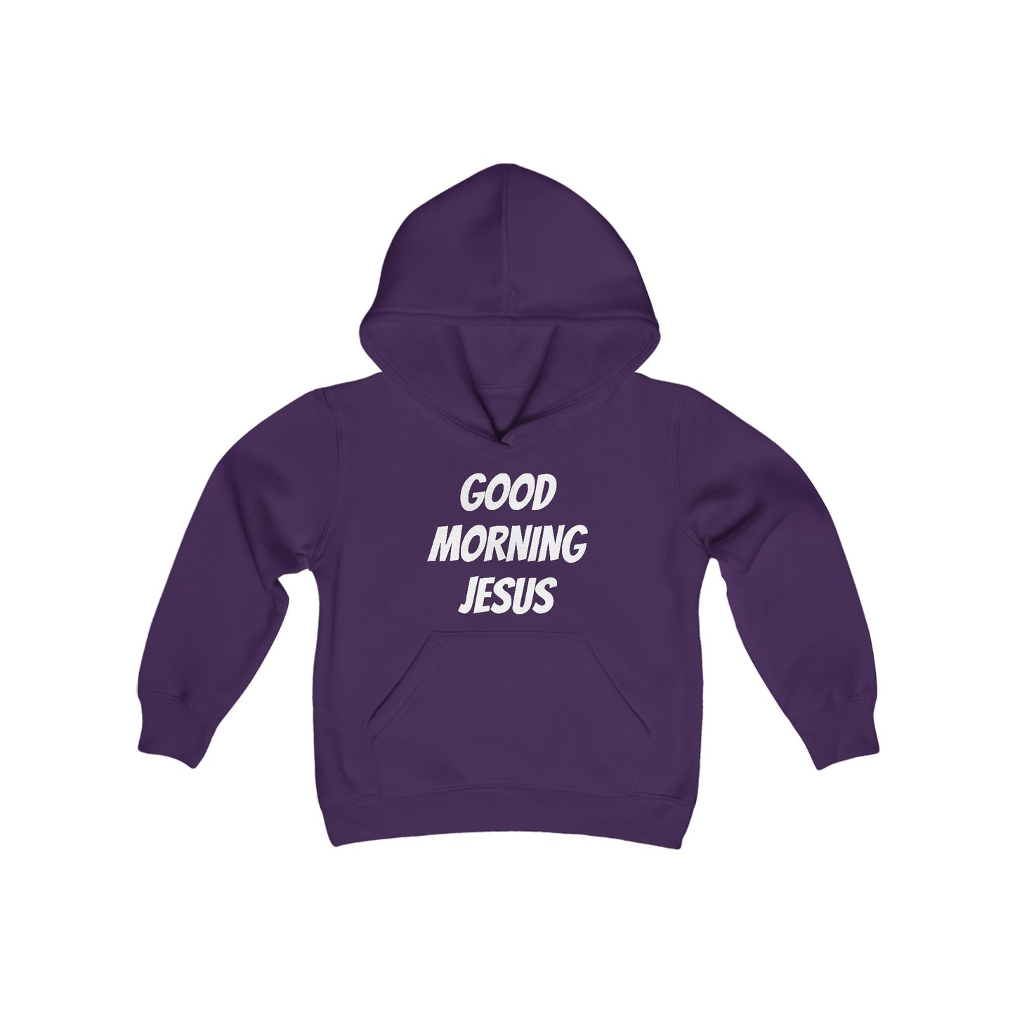 Youth Heavy Blend Hooded Sweatshirt - Black Writing - GOOD MORNING JESUS - DARK BLUE