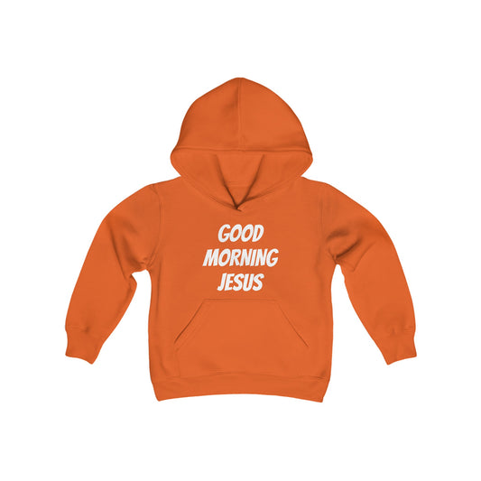 Youth Heavy Blend Hooded Sweatshirt - Black Writing - GOOD MORNING JESUS - ORANGE