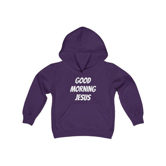 Youth Heavy Blend Hooded Sweatshirt - Black Writing - GOOD MORNING JESUS - PURPLE
