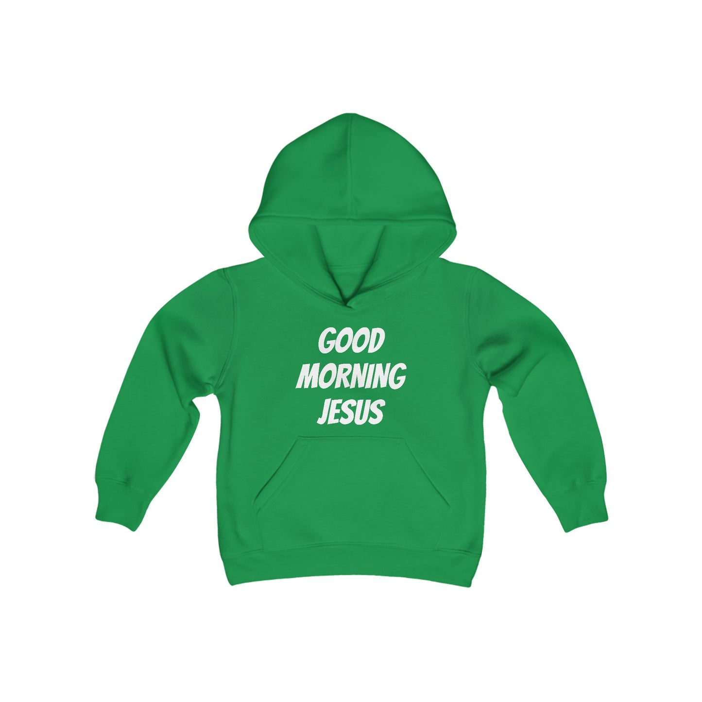 Youth Heavy Blend Hooded Sweatshirt - Black Writing - GOOD MORNING JESUS - GREEN