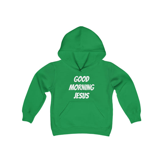 Youth Heavy Blend Hooded Sweatshirt - Black Writing - GOOD MORNING JESUS - GREEN