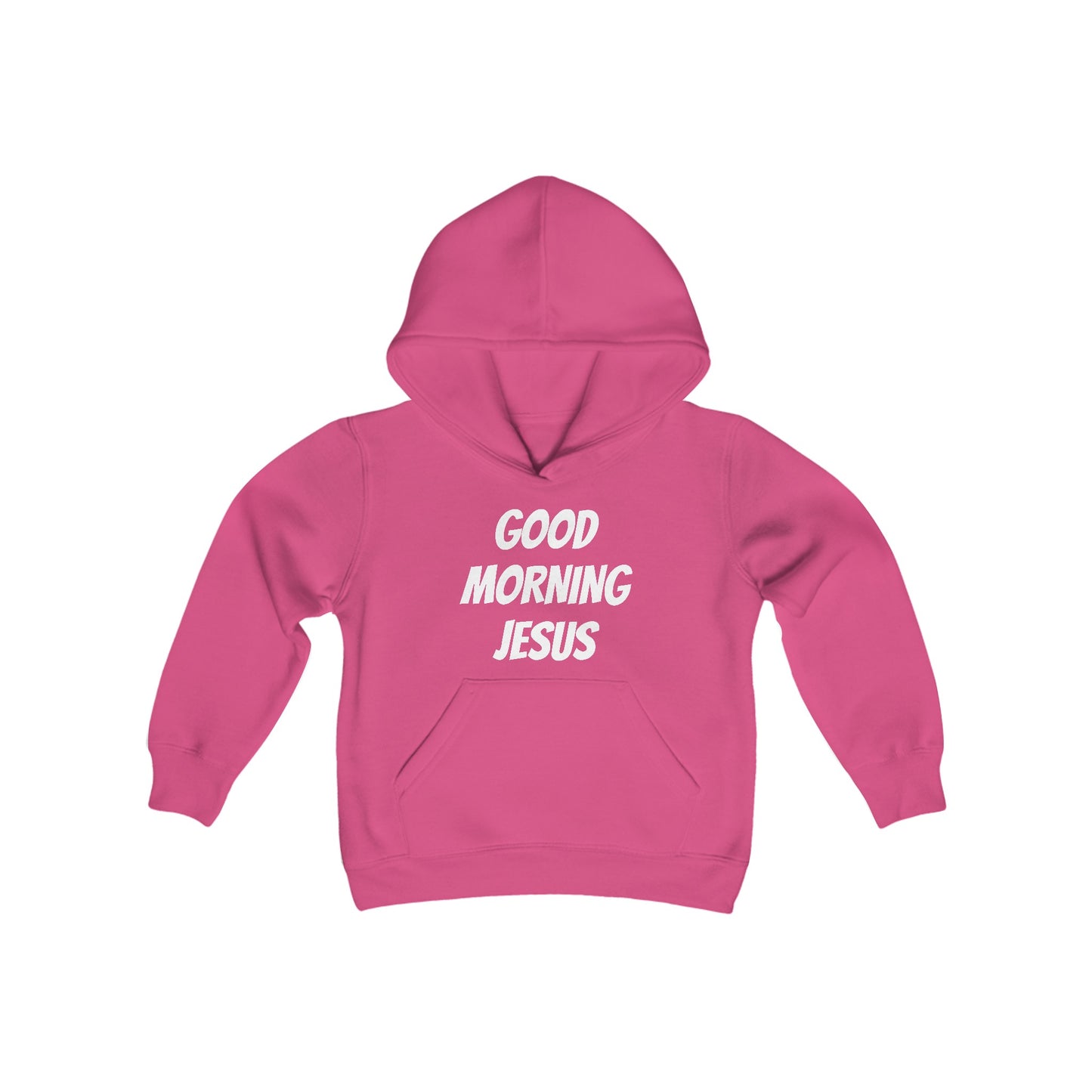 Youth Heavy Blend Hooded Sweatshirt - Black Writing - GOOD MORNING JESUS - PINK