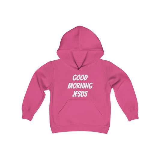 Youth Heavy Blend Hooded Sweatshirt - Black Writing - GOOD MORNING JESUS - PINK