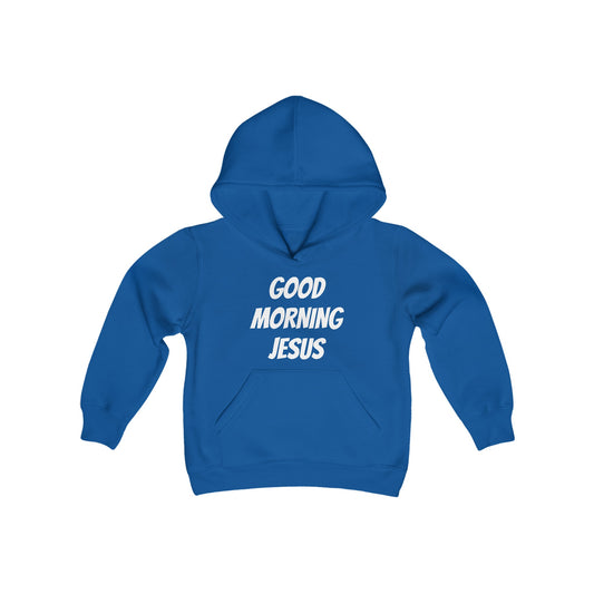 Youth Heavy Blend Hooded Sweatshirt - Black Writing - GOOD MORNING JESUS - DARK BLUE