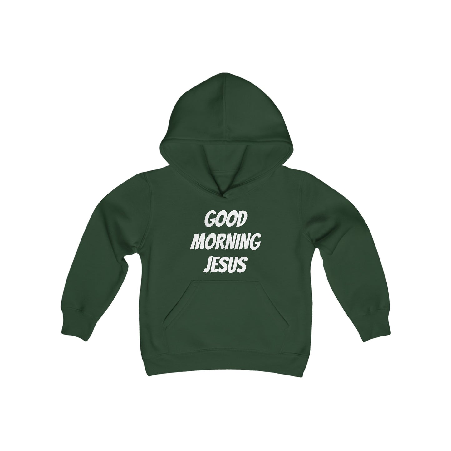 Youth Heavy Blend Hooded Sweatshirt - Black Writing - GOOD MORNING JESUS - NAVY BLUE
