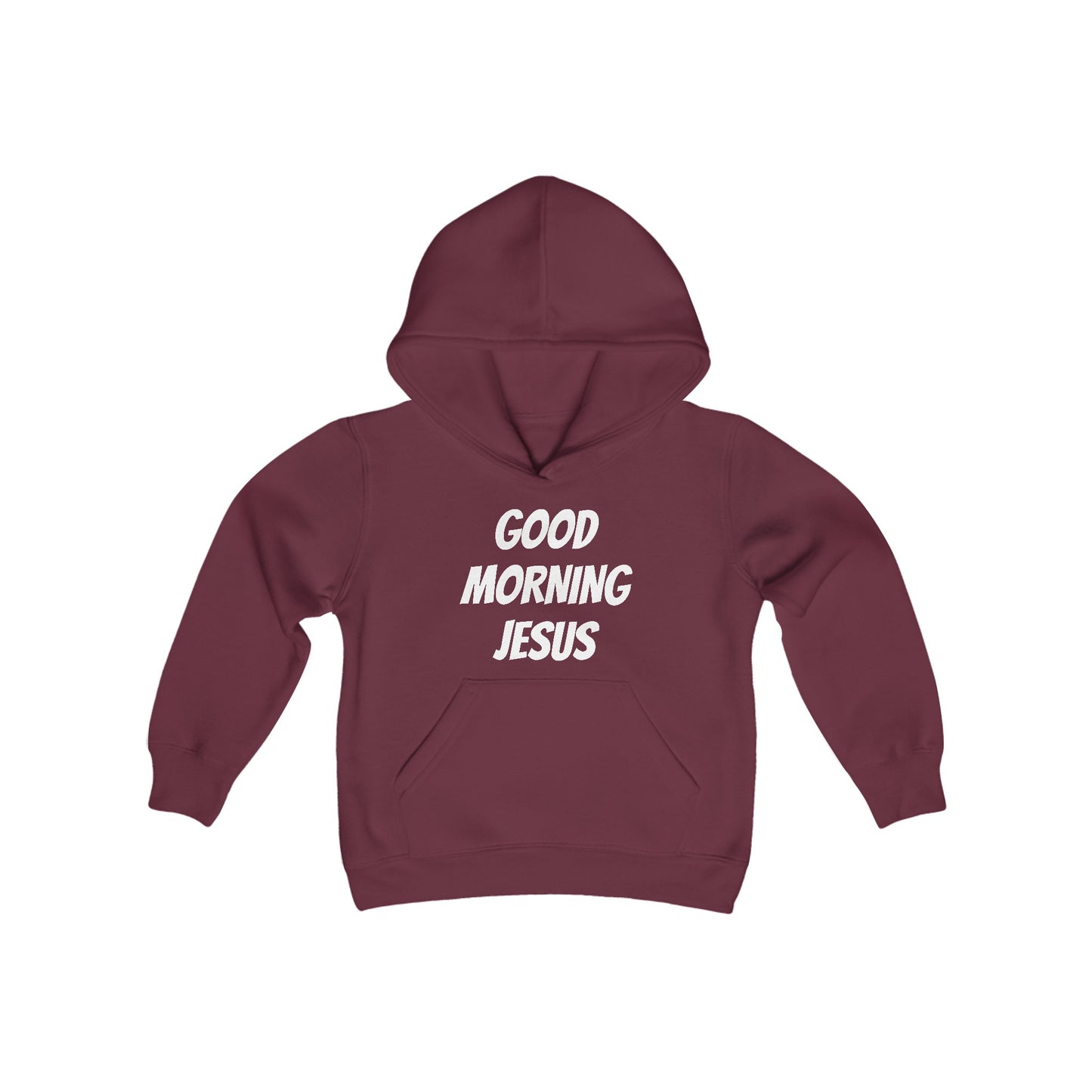 Youth Heavy Blend Hooded Sweatshirt - Black Writing - GOOD MORNING JESUS - BLACK