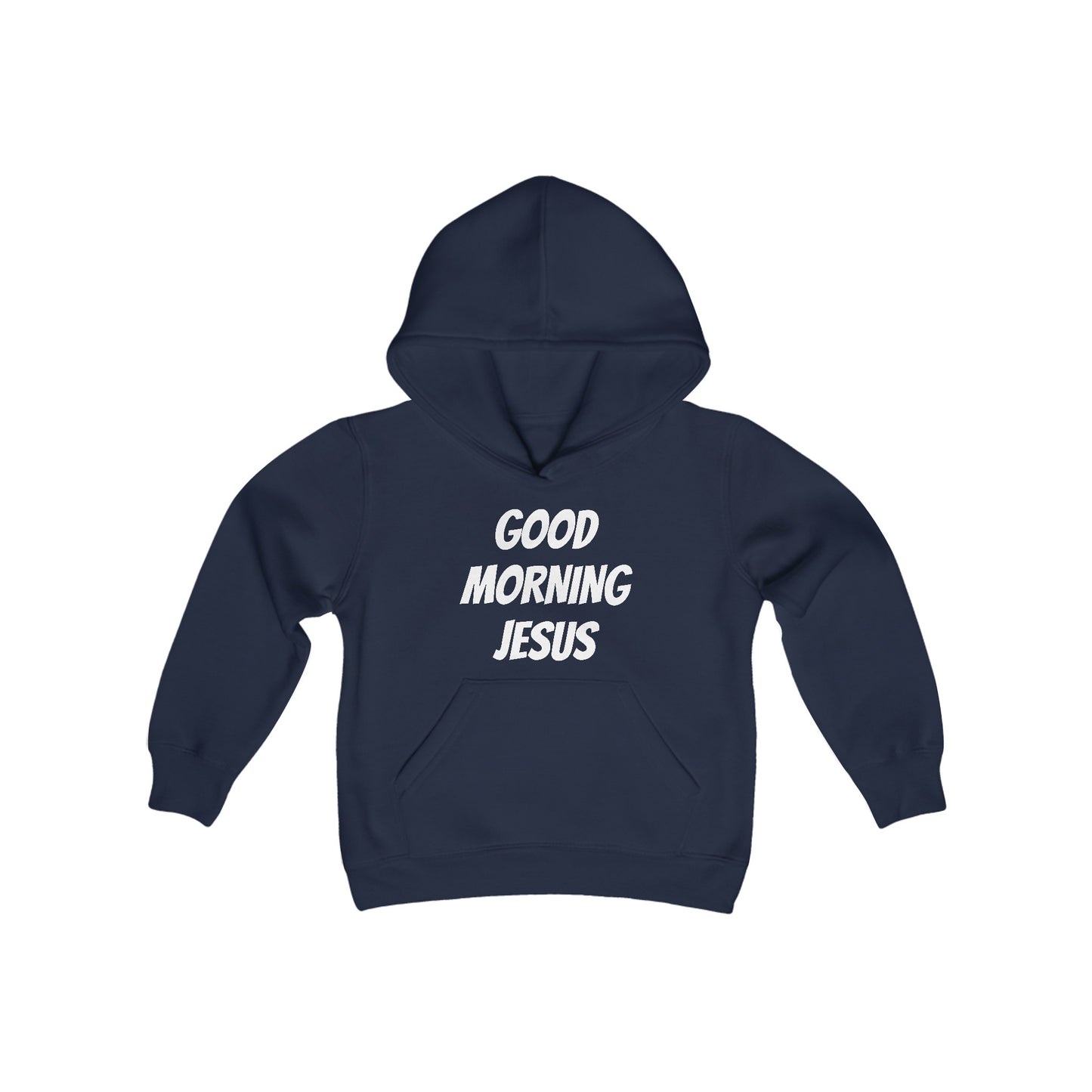 Youth Heavy Blend Hooded Sweatshirt - Black Writing - GOOD MORNING JESUS - PINK