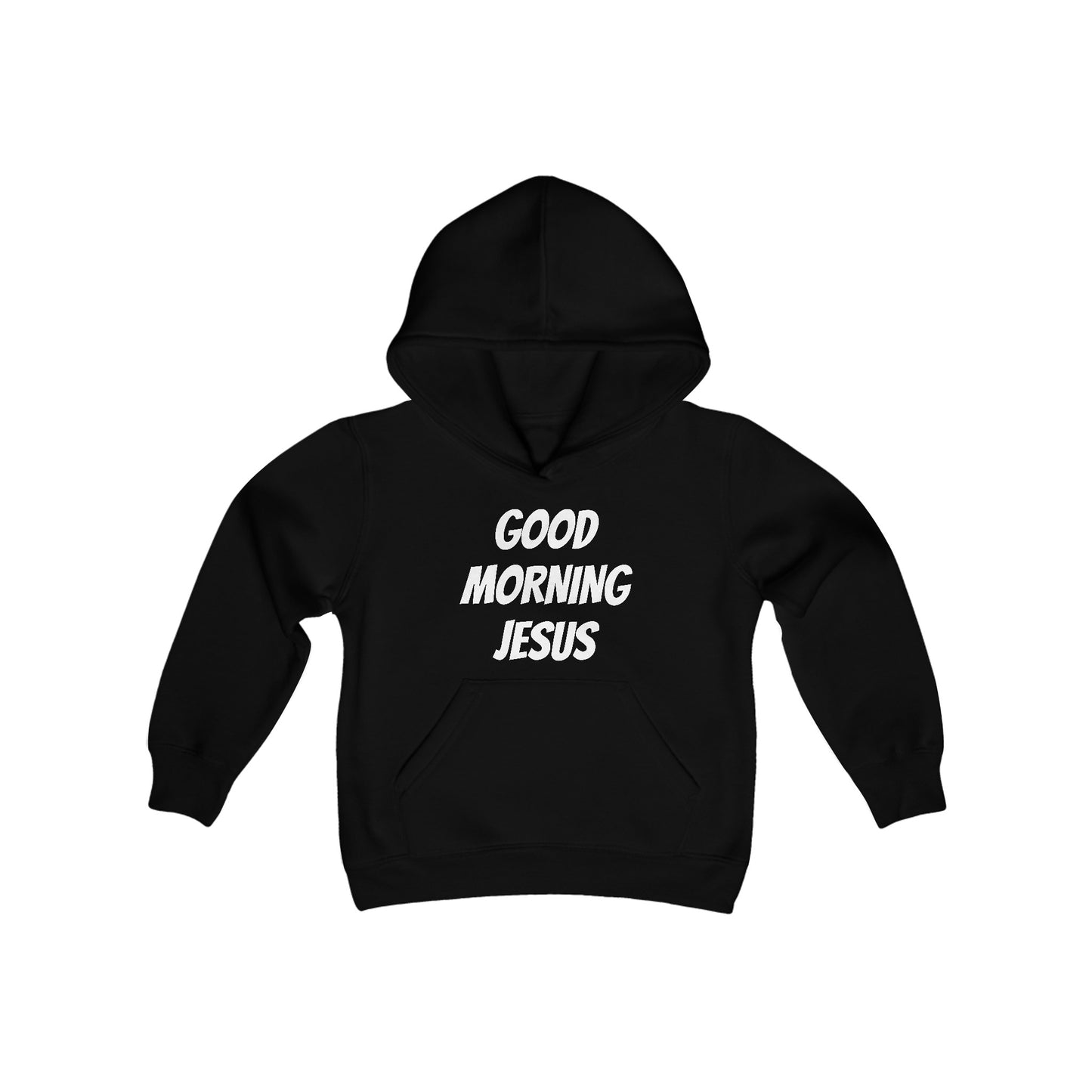 Youth Heavy Blend Hooded Sweatshirt - Black Writing - GOOD MORNING JESUS - GREEN