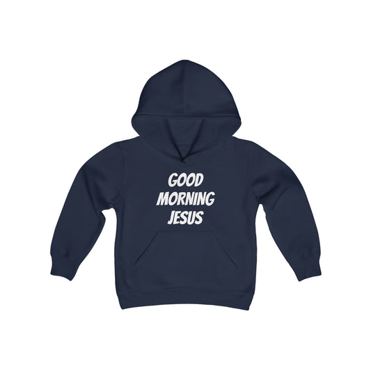 Youth Heavy Blend Hooded Sweatshirt - Black Writing - GOOD MORNING JESUS - NAVY BLUE