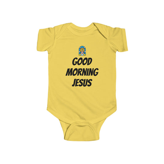 Infant Fine Jersey Bodysuit - Black Writing - GOOD MORNING JESUS - YELLOW