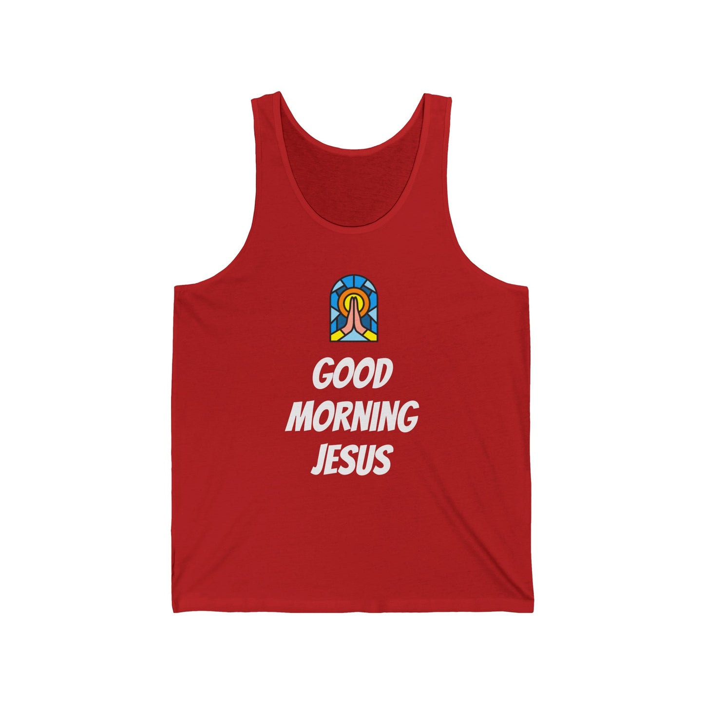 Unisex Jersey Tank - White Writing - GOOD MORNING JESUS