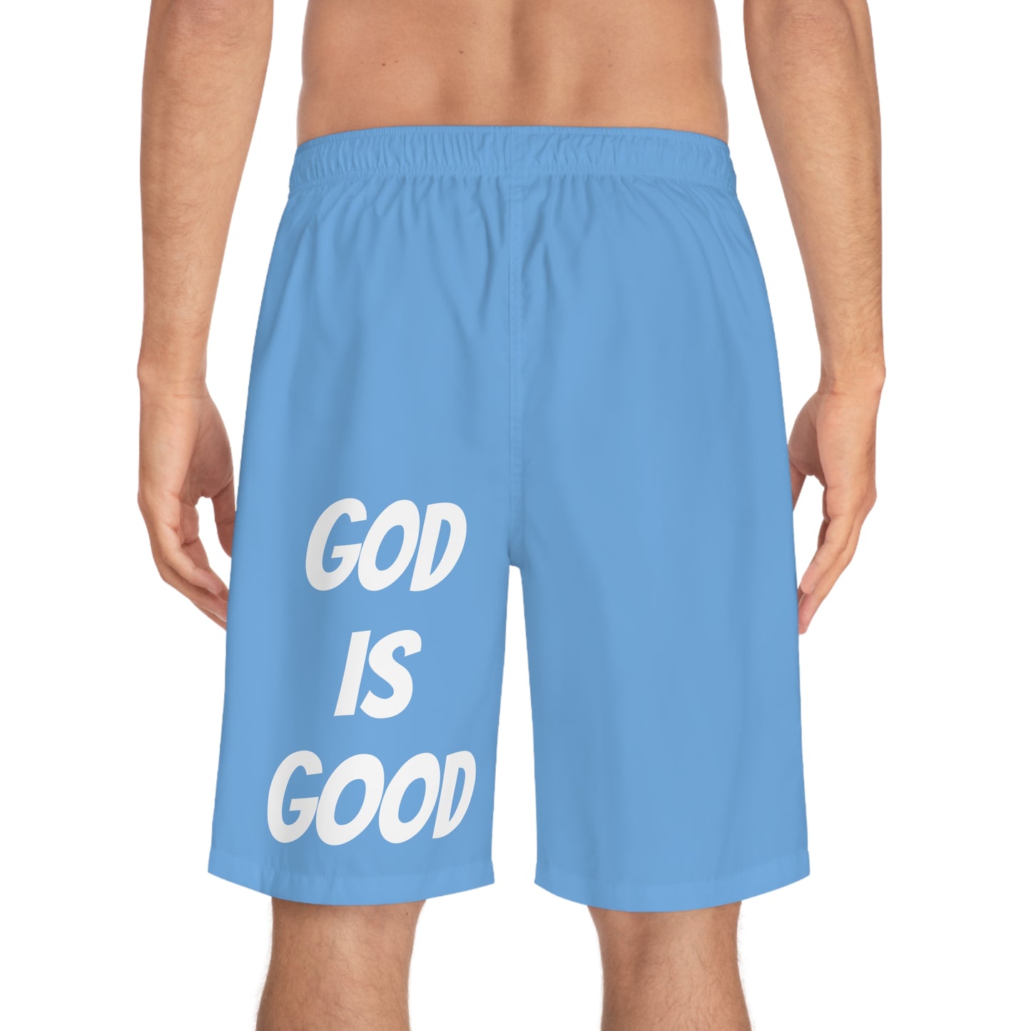 Men's Board Shorts (AOP) - GOOD MORNING JESUS - BABY BLUE