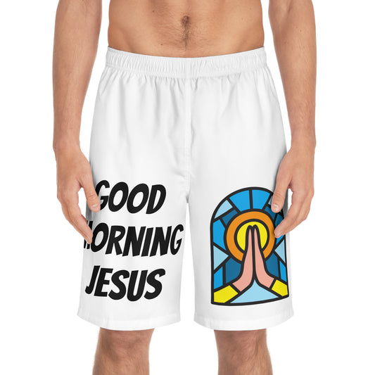 Men's Board Shorts (AOP) - GOOD MORNING JESUS - WHITE
