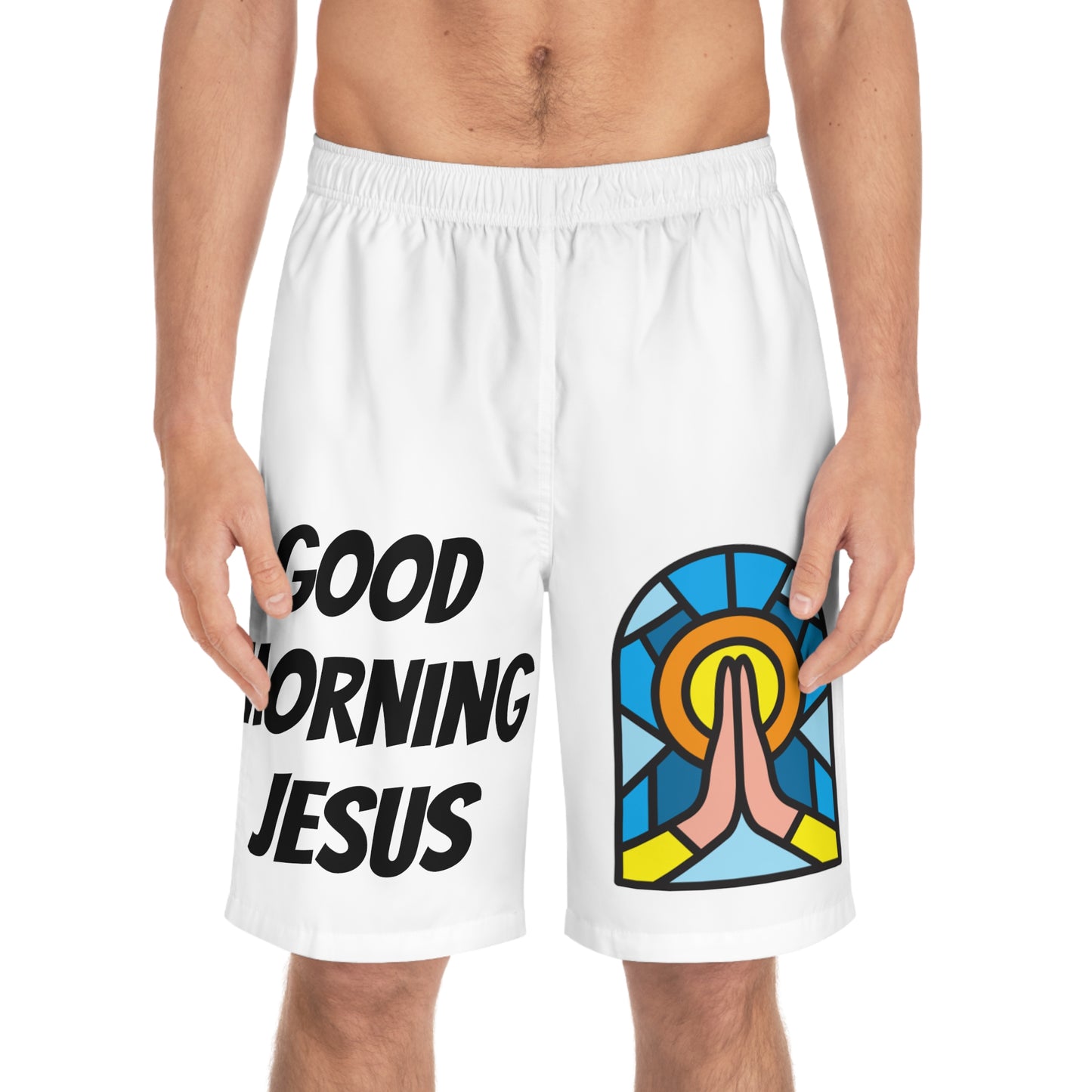 Men's Board Shorts (AOP) - GOOD MORNING JESUS - WHITE
