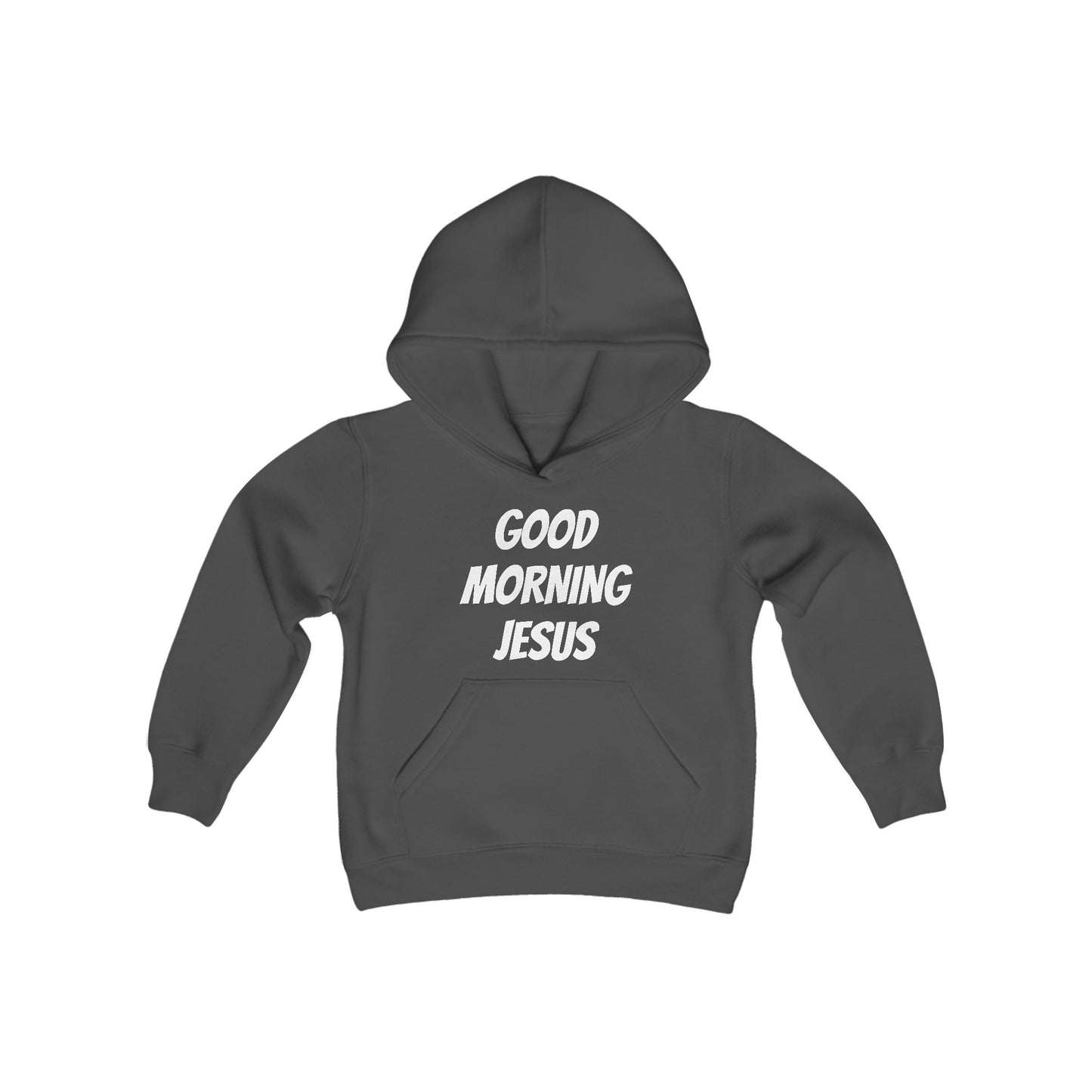 Youth Heavy Blend Hooded Sweatshirt - Black Writing - GOOD MORNING JESUS - PURPLE