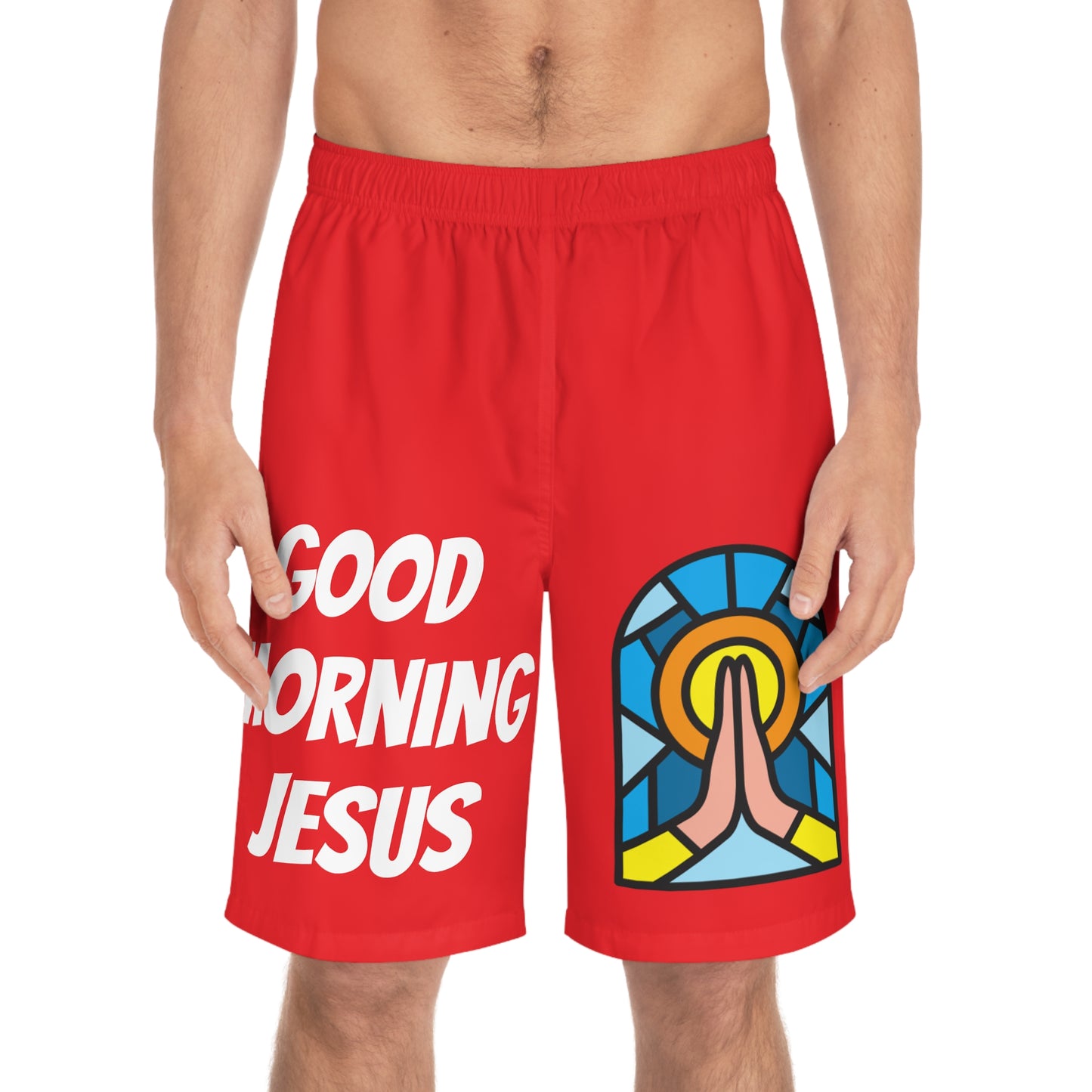 Men's Board Shorts (AOP) - GOOD MORNING JESUS - RED
