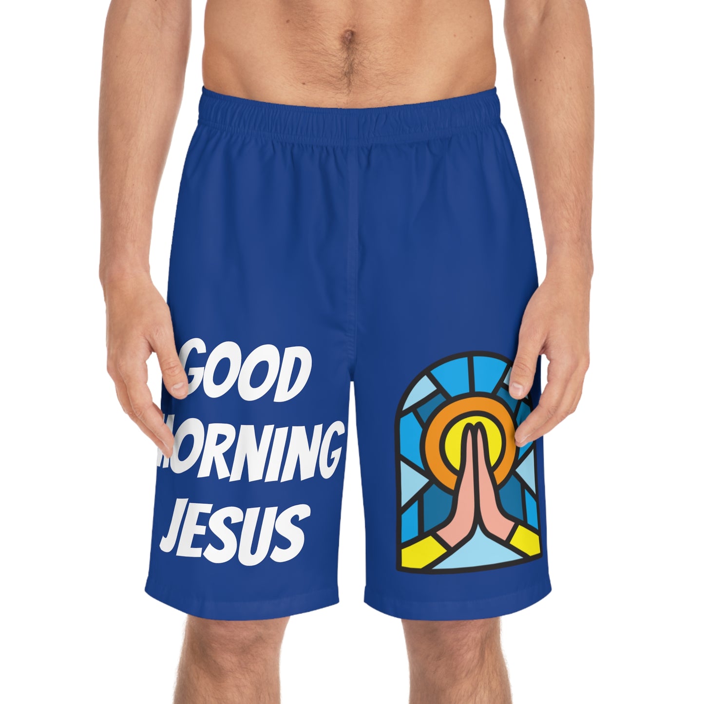 Men's Board Shorts (AOP) - GOOD MORNING JESUS - DARK BLUE
