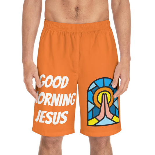 Men's Board Shorts (AOP) - GOOD MORNING JESUS - ORANGE