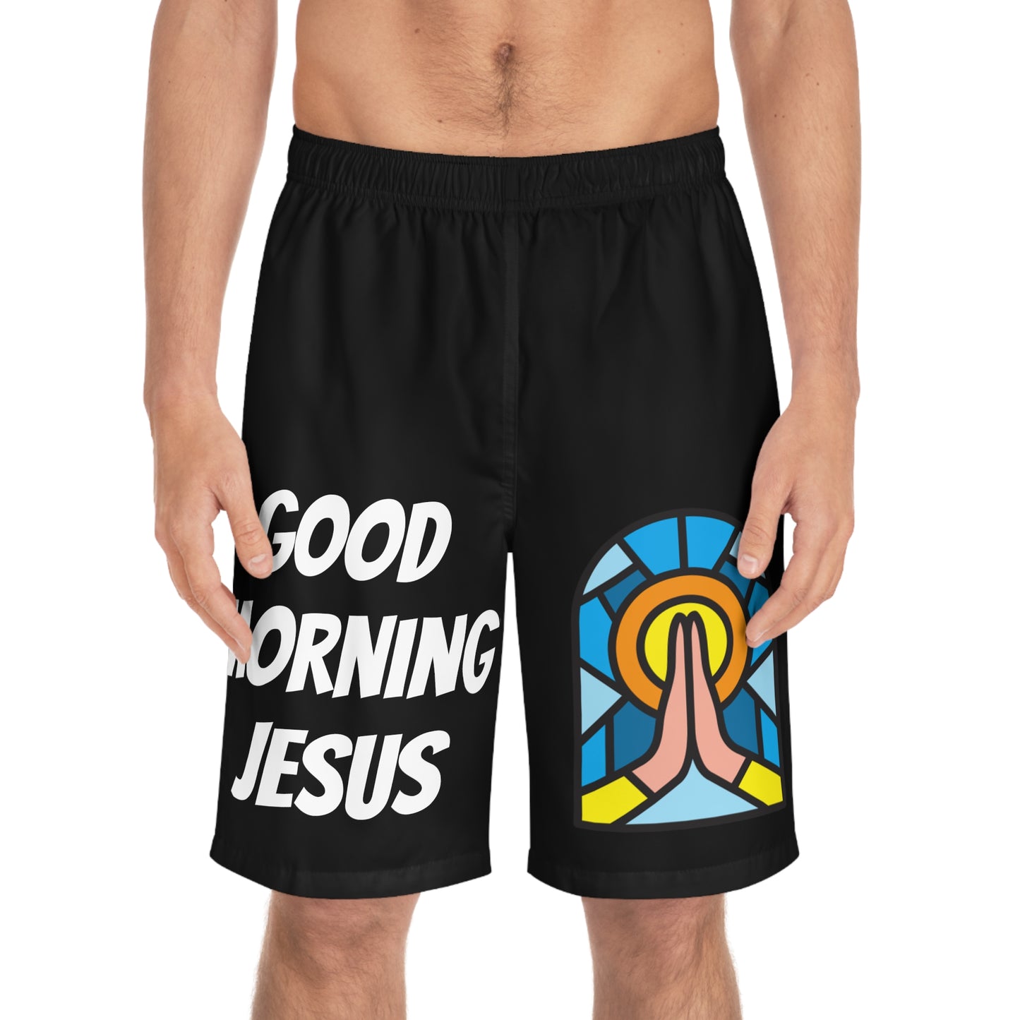 Men's Board Shorts (AOP) - GOOD MORNING JESUS - BLACK