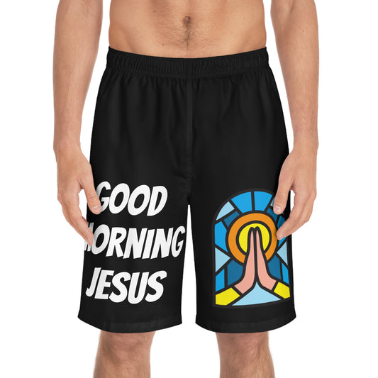Men's Board Shorts (AOP) - GOOD MORNING JESUS - BLACK