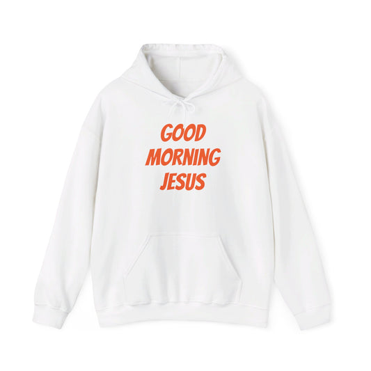 Unisex Heavy Blend™ Hooded Sweatshirt - Orange Writing - GOOD MORNING JESUS