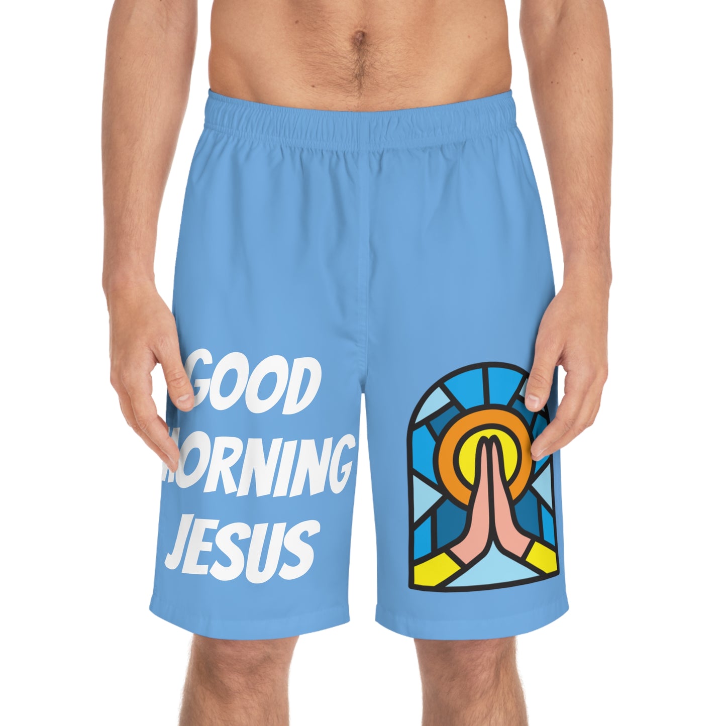 Men's Board Shorts (AOP) - GOOD MORNING JESUS - BABY BLUE