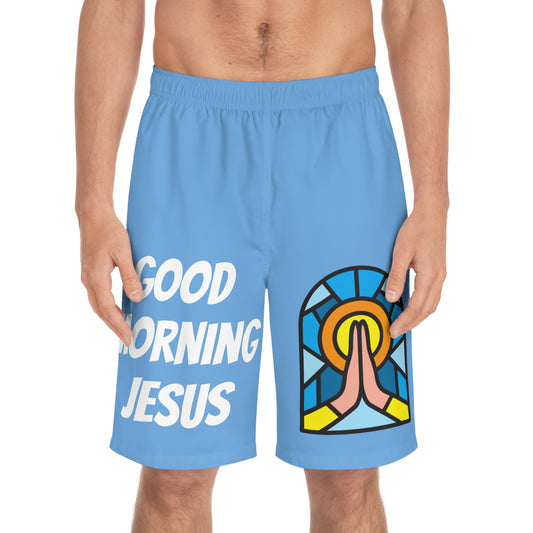 Men's Board Shorts (AOP) - GOOD MORNING JESUS - BABY BLUE