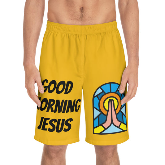 Men's Board Shorts (AOP) - GOOD MORNING JESUS - YELLOW