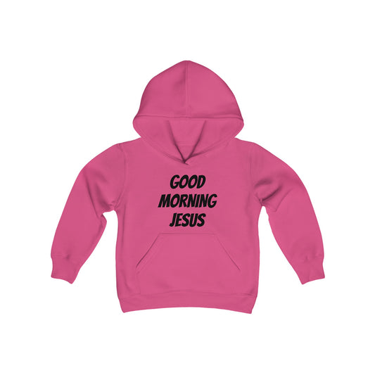 Youth Heavy Blend Hooded Sweatshirt - Black Writing - GOOD MORNING JESUS - PINK