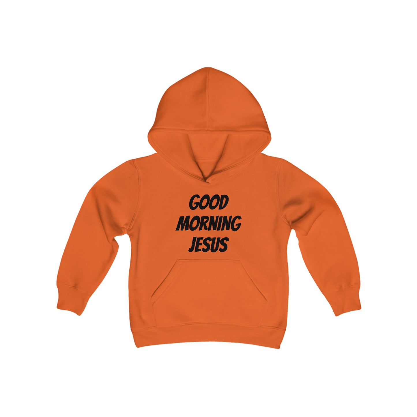 Youth Heavy Blend Hooded Sweatshirt - Black Writing - GOOD MORNING JESUS - PINK