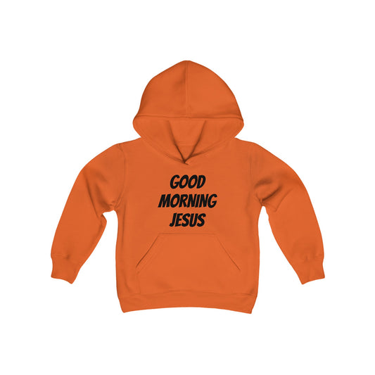 Youth Heavy Blend Hooded Sweatshirt - Black Writing - GOOD MORNING JESUS - ORANGE