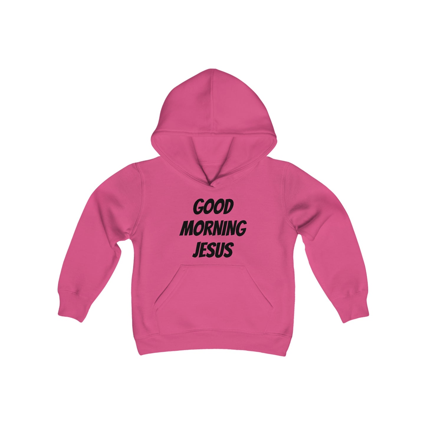 Youth Heavy Blend Hooded Sweatshirt - Black Writing - GOOD MORNING JESUS - PINK