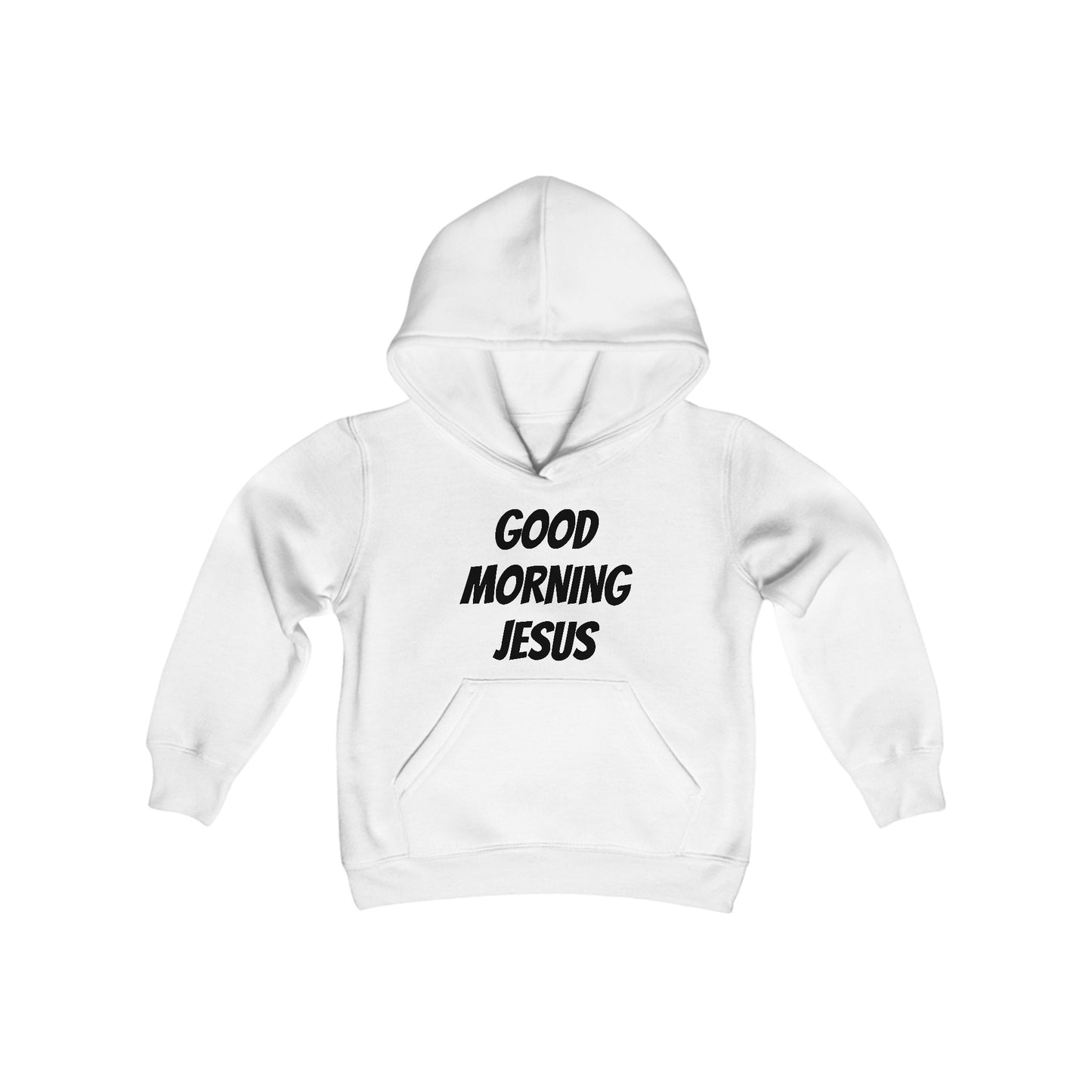 Youth Heavy Blend Hooded Sweatshirt - Black Writing - GOOD MORNING JESUS - WHITE