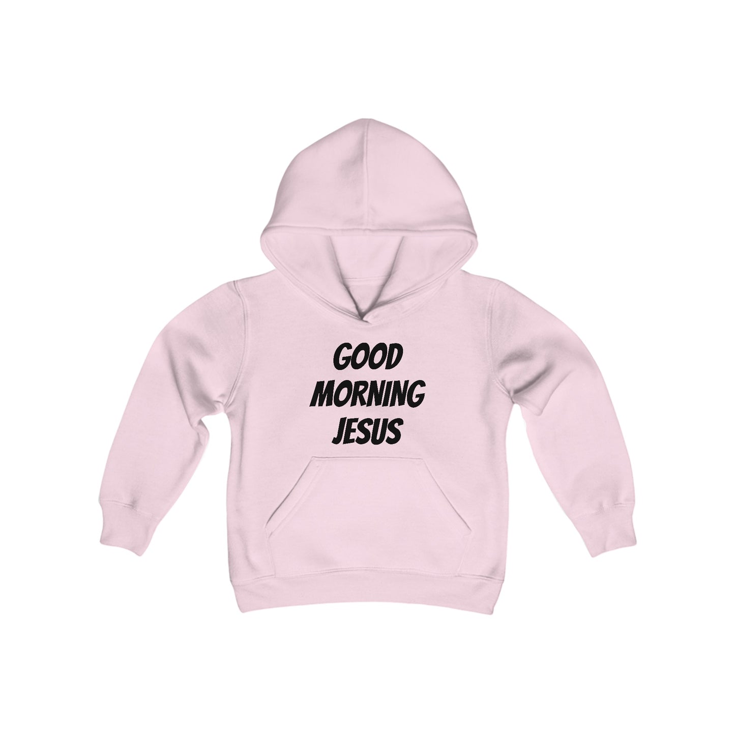 Youth Heavy Blend Hooded Sweatshirt - Black Writing - GOOD MORNING JESUS - PINK