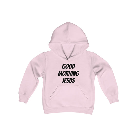 Youth Heavy Blend Hooded Sweatshirt - Black Writing - GOOD MORNING JESUS - PINK