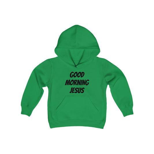 Youth Heavy Blend Hooded Sweatshirt - Black Writing - GOOD MORNING JESUS - GREEN