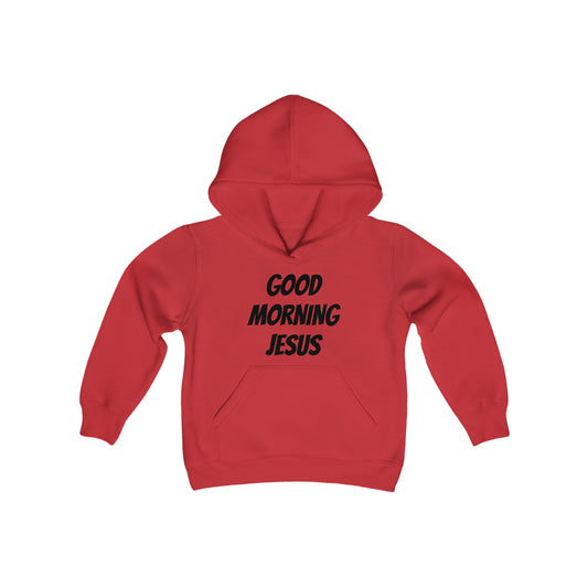 Youth Heavy Blend Hooded Sweatshirt - Black Writing - GOOD MORNING JESUS - RED
