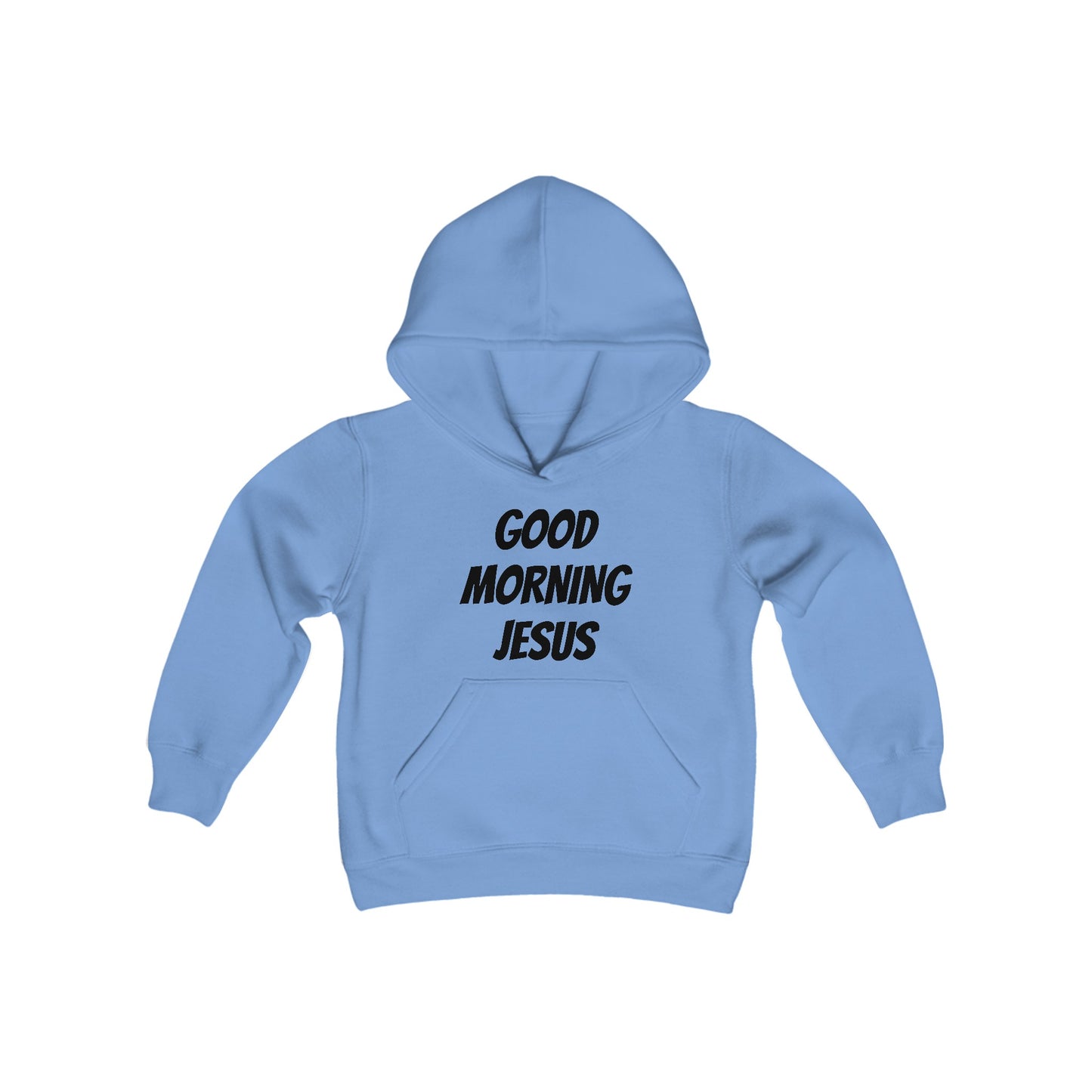 Youth Heavy Blend Hooded Sweatshirt - Black Writing - GOOD MORNING JESUS - PINK