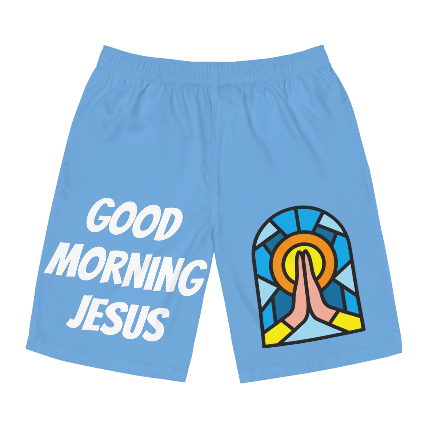 Men's Board Shorts (AOP) - GOOD MORNING JESUS - BABY BLUE