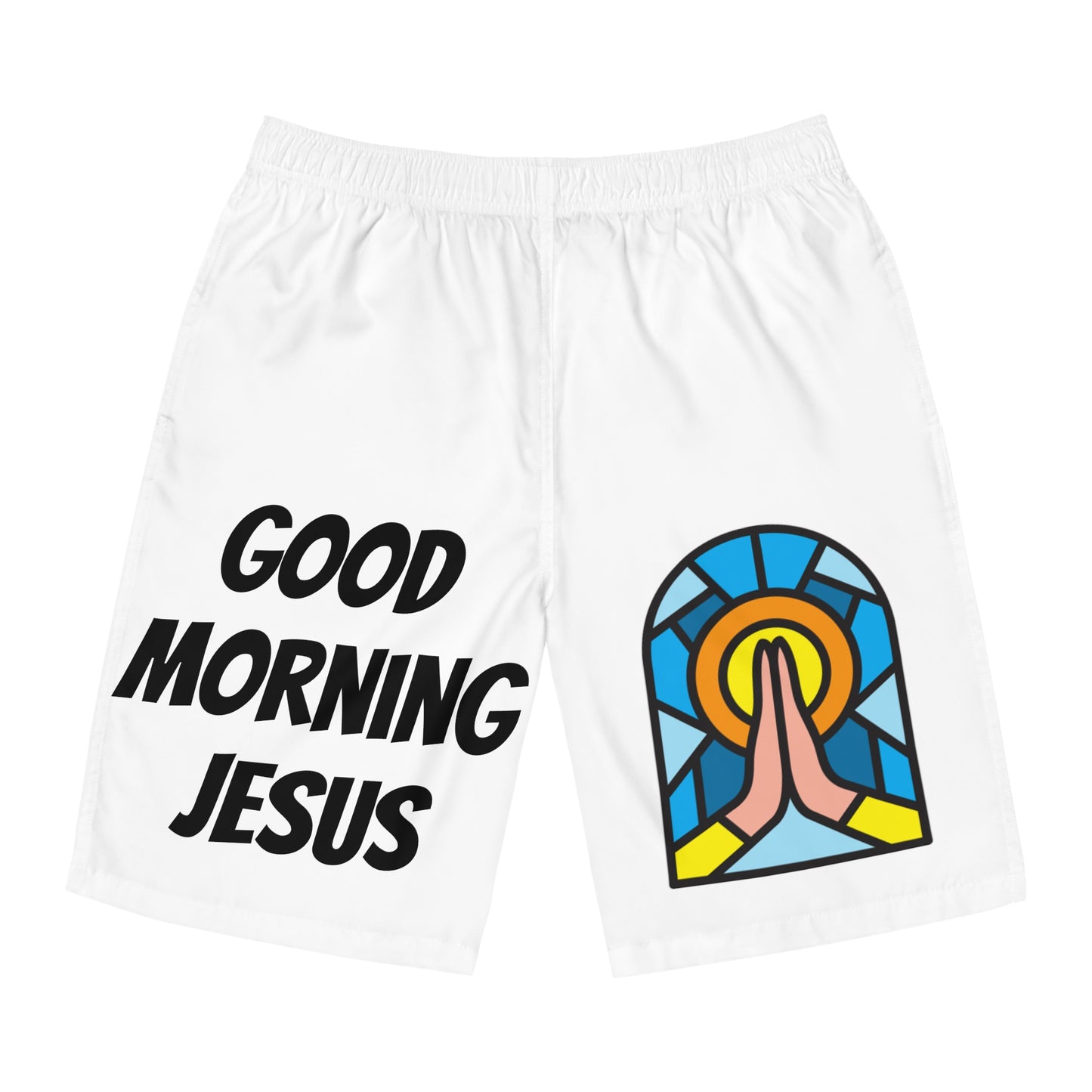 Men's Board Shorts (AOP) - GOOD MORNING JESUS - WHITE