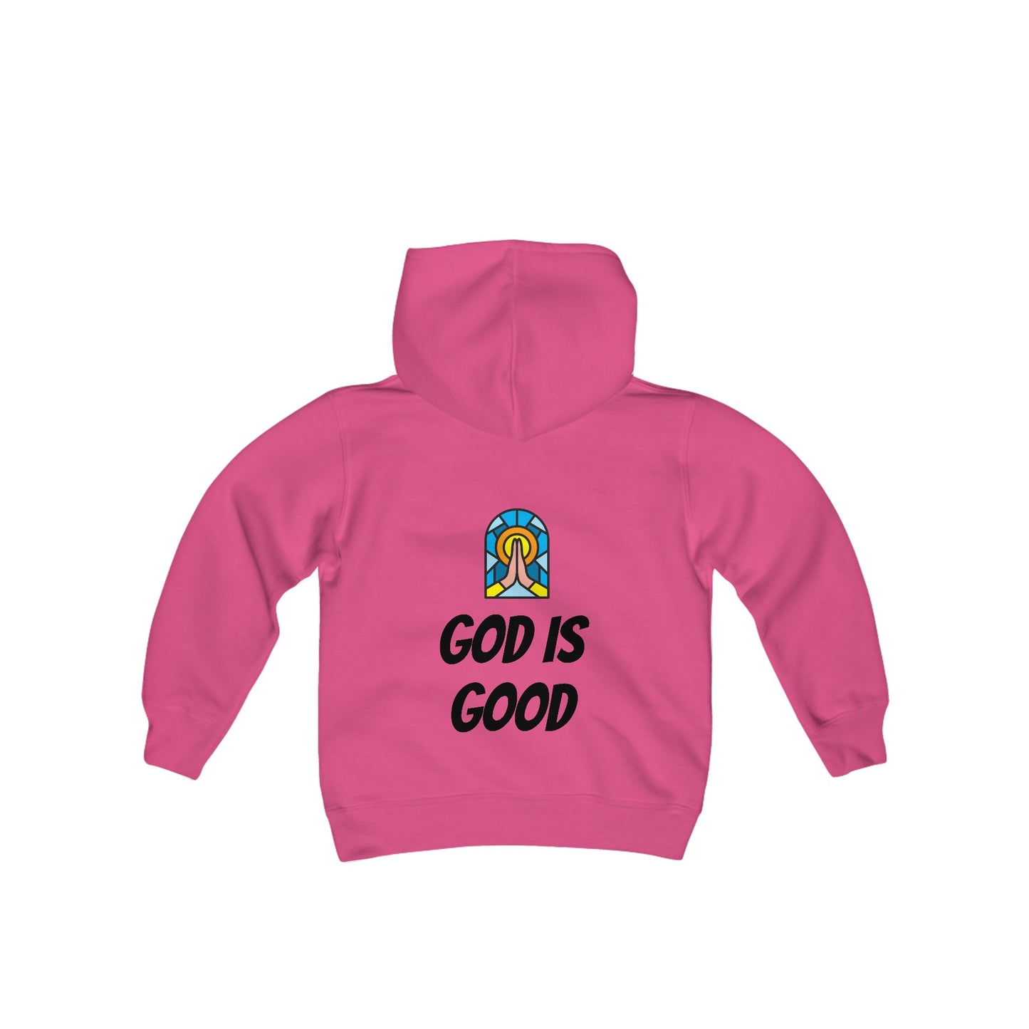 Youth Heavy Blend Hooded Sweatshirt - Black Writing - GOOD MORNING JESUS - PINK